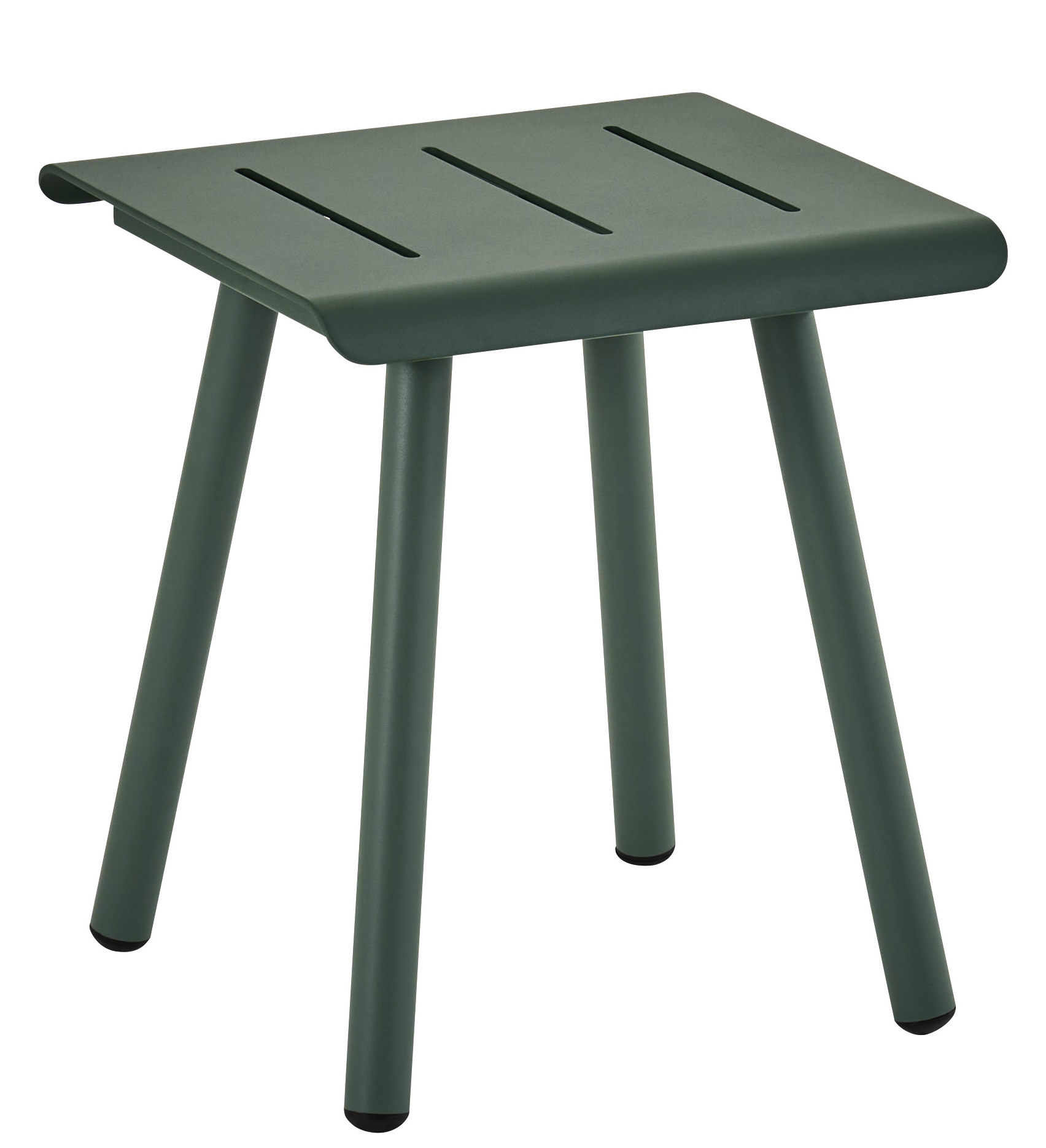Vapio Stool Hocker von Weishäupl für den Außenbereich, grüner Metallhocker mit drei Beinen.