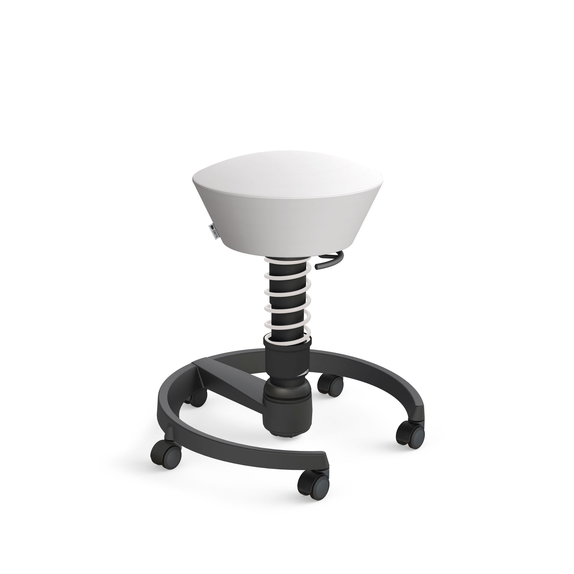 Weißer Bürohocker mit schwarzem Fußkreuz und Rollen, höhenverstellbar, ergonomisch für dynamisches Sitzen.