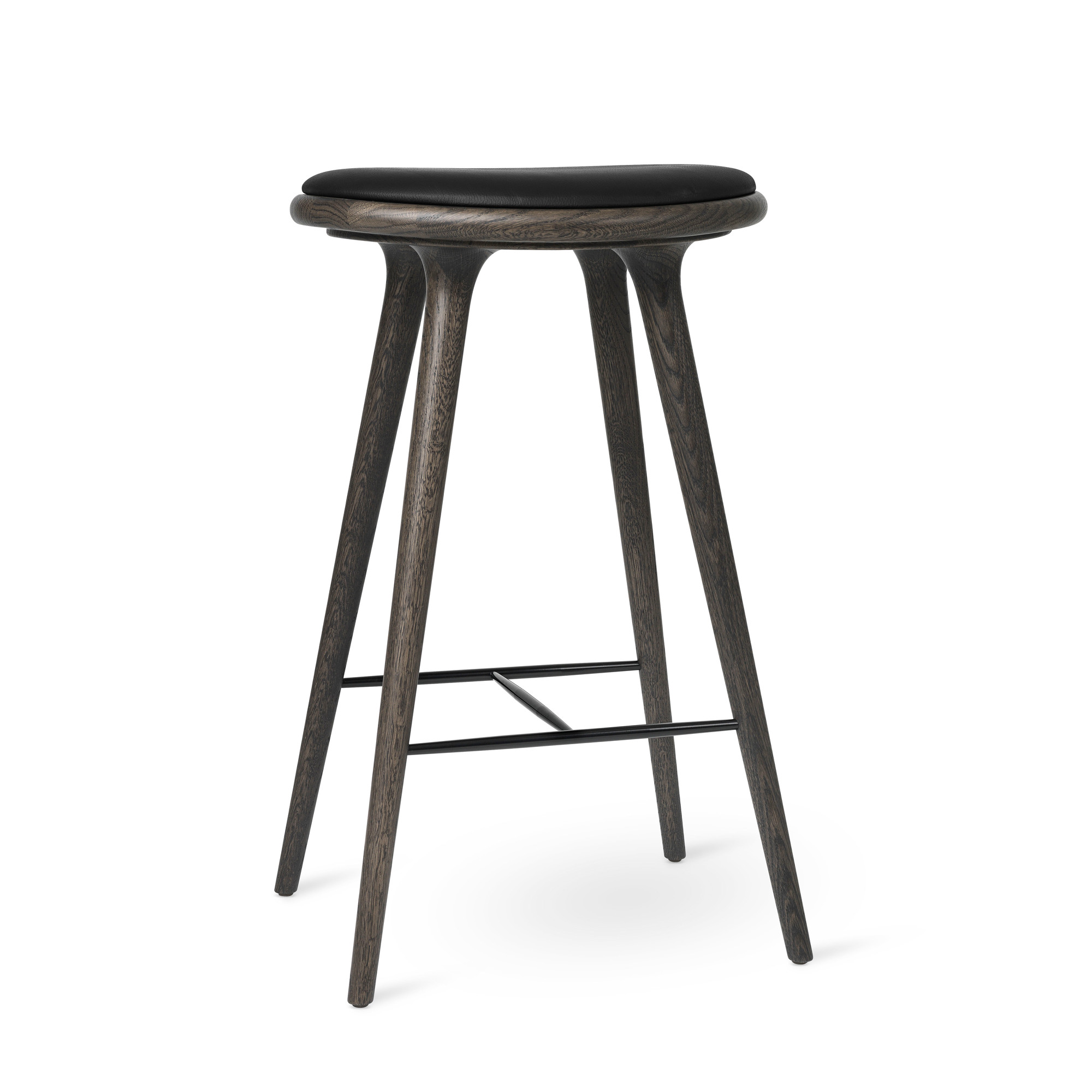 Stool Hocker Sirka aus grau gebeizter Eiche mit schwarzem Sitzpolster, modernes Barhocker Design.