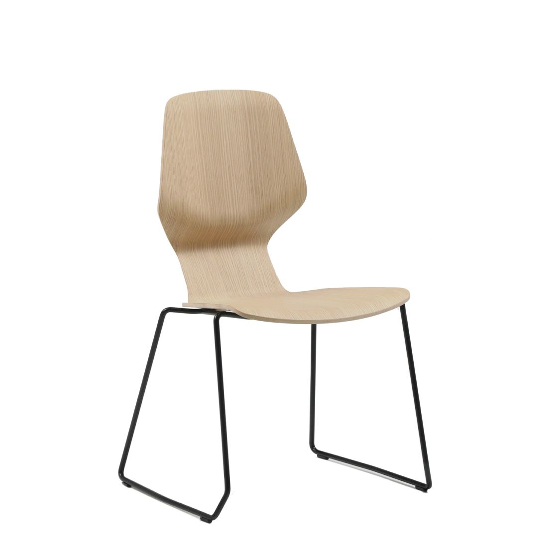 Oblikant Stuhl von Prostoria mit Kufengestell: Holzstuhl mit schwarzem Metallgestell, modernes Design.