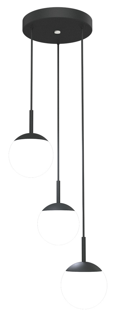 Mooon Triple Pendelleuchte von Fermob, schwarze Hängelampe mit drei Leuchtkugeln in unterschiedlicher Höhe.