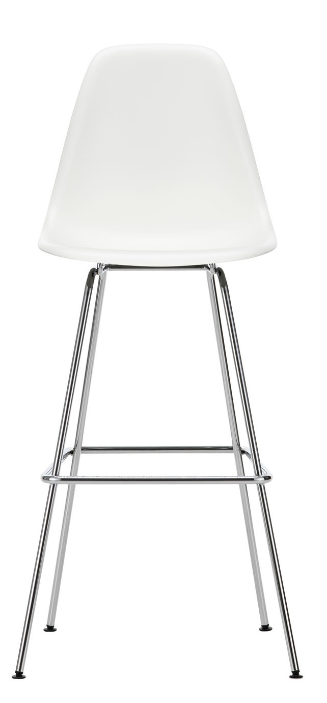 Vitra Eames Plastic Bar Stool in Weiß mit verchromtem Gestell, moderner Hocker für hohe Tische.