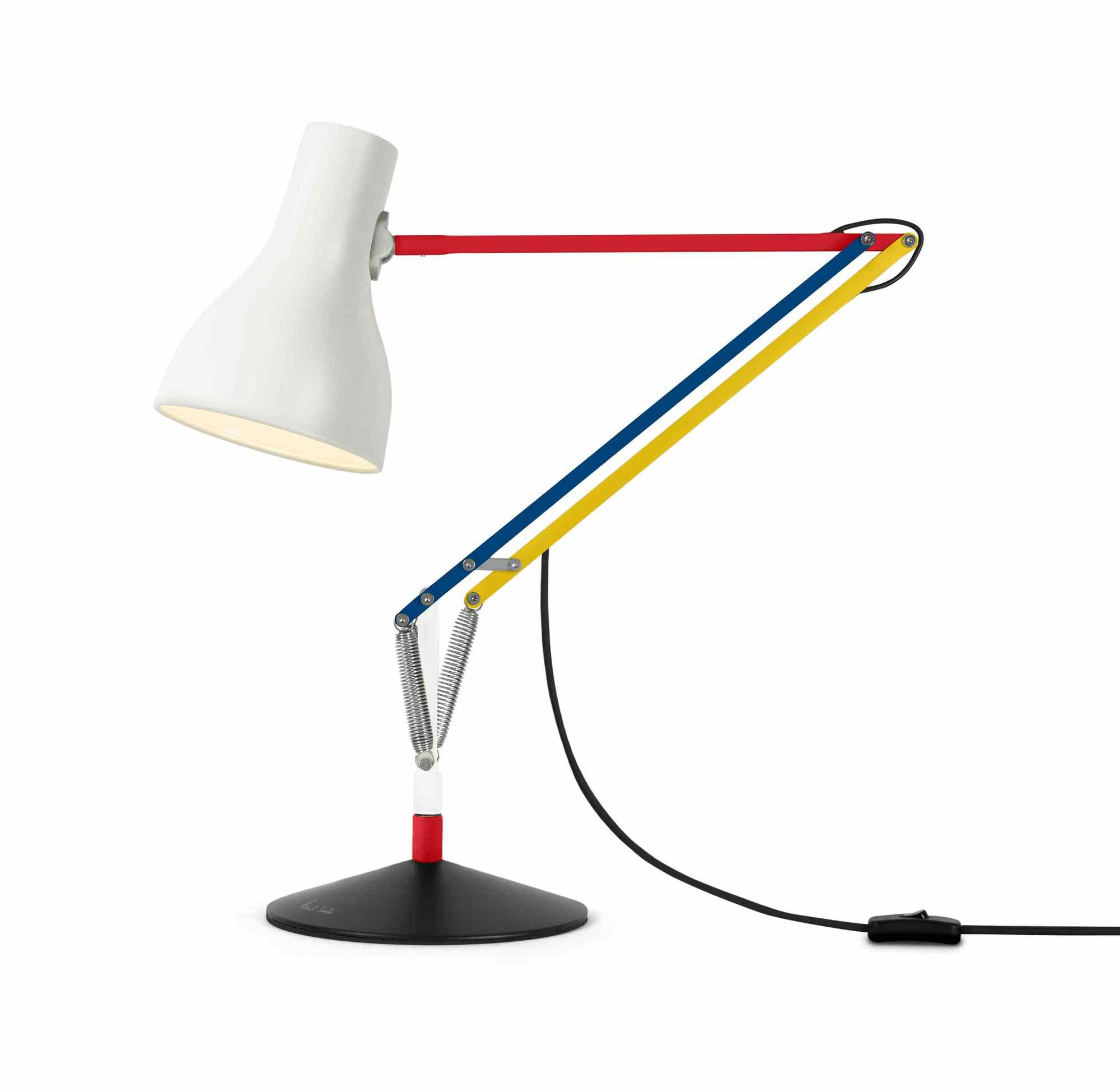 Anglepoise Type 75 Mini Paul Smith Edition Tischleuchte mit weißem Lampenschirm und farbigem Arm.