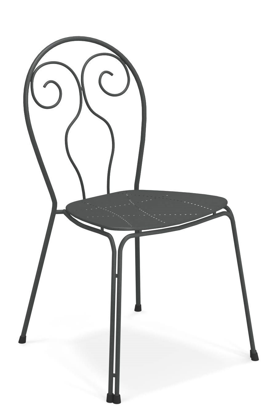 Caprera Stuhl von Emu, Outdoor-Stuhl aus anthrazitfarbenem Stahl mit filigranem Design für Garten und Terrasse.