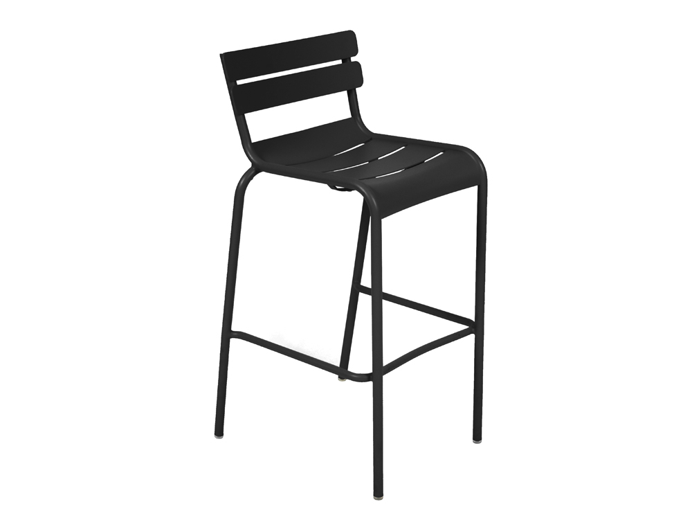 Schwarzer Luxembourg Barhocker von Fermob für den Außenbereich, minimalistisches Design mit Lattenmuster.