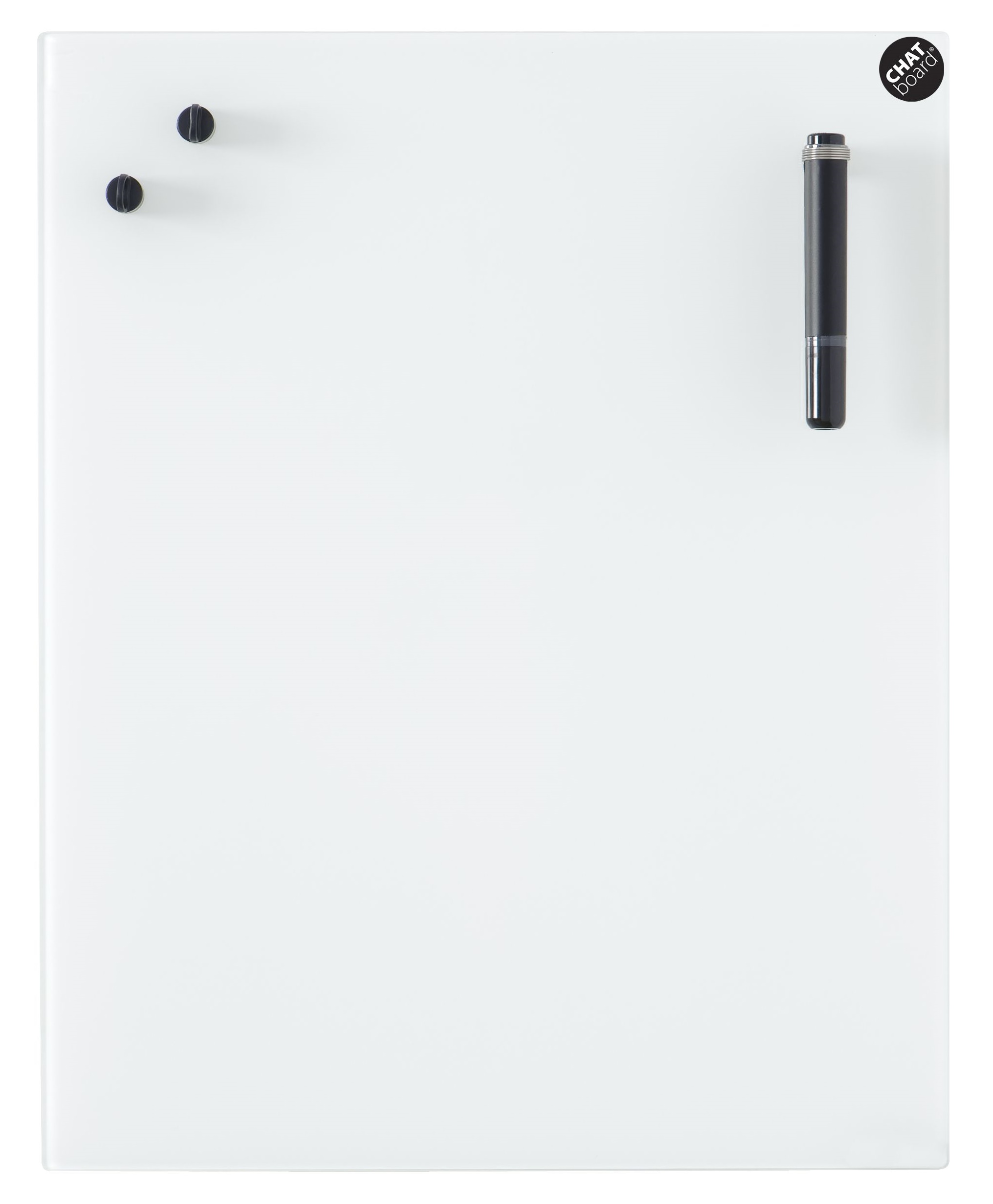 Weiße Chat Board Classic Glastafel für die Wand mit Magneten und Stift.