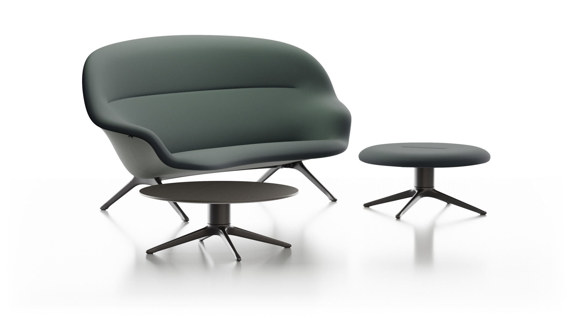 Abalon Platform Ottoman Vitra in Grün mit passendem Hocker und kleinem Beistelltisch.