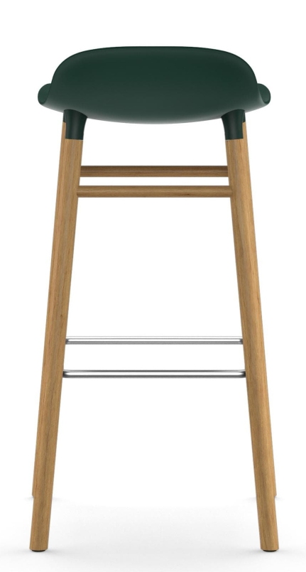 Normann Copenhagen Form Barhocker aus Holz, H 75 cm, mit dunkelgrüner Sitzfläche, Rückansicht.