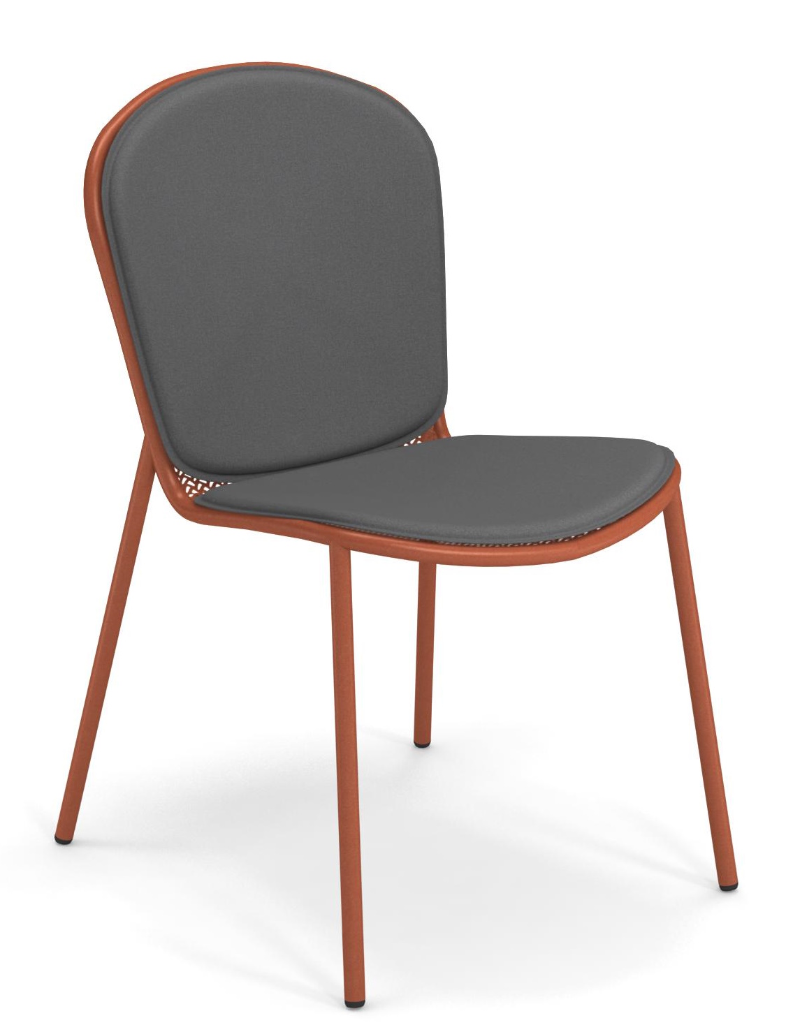 Ronda X Stuhl Outdoor Emu, orangefarbenes Metallgestell mit grauer Sitzfläche und Rückenlehne.