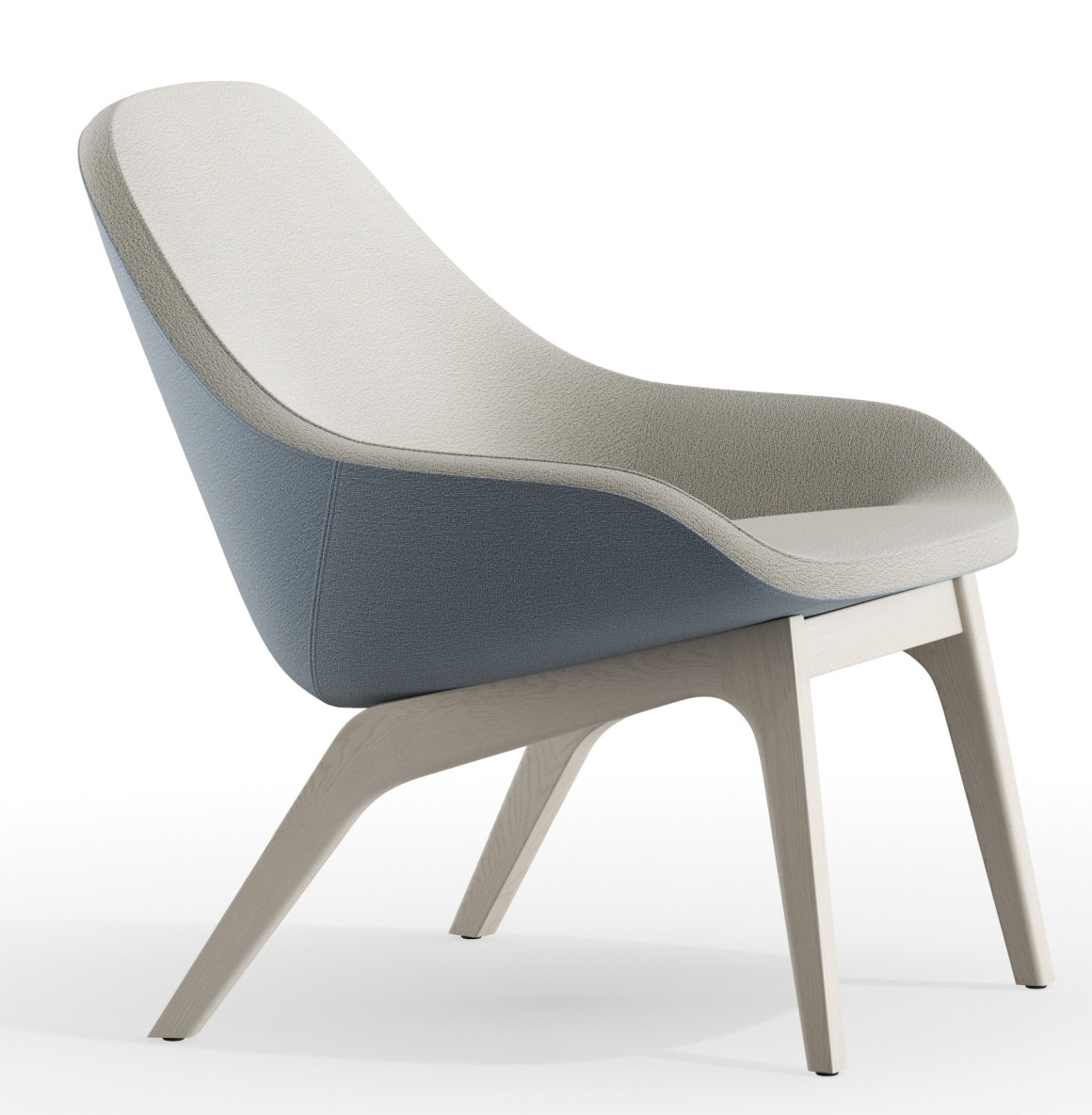 Morph Lounge Chair Sessel mit blauem und beigem Stoffbezug und hellem Holzgestell, seitliche Ansicht.