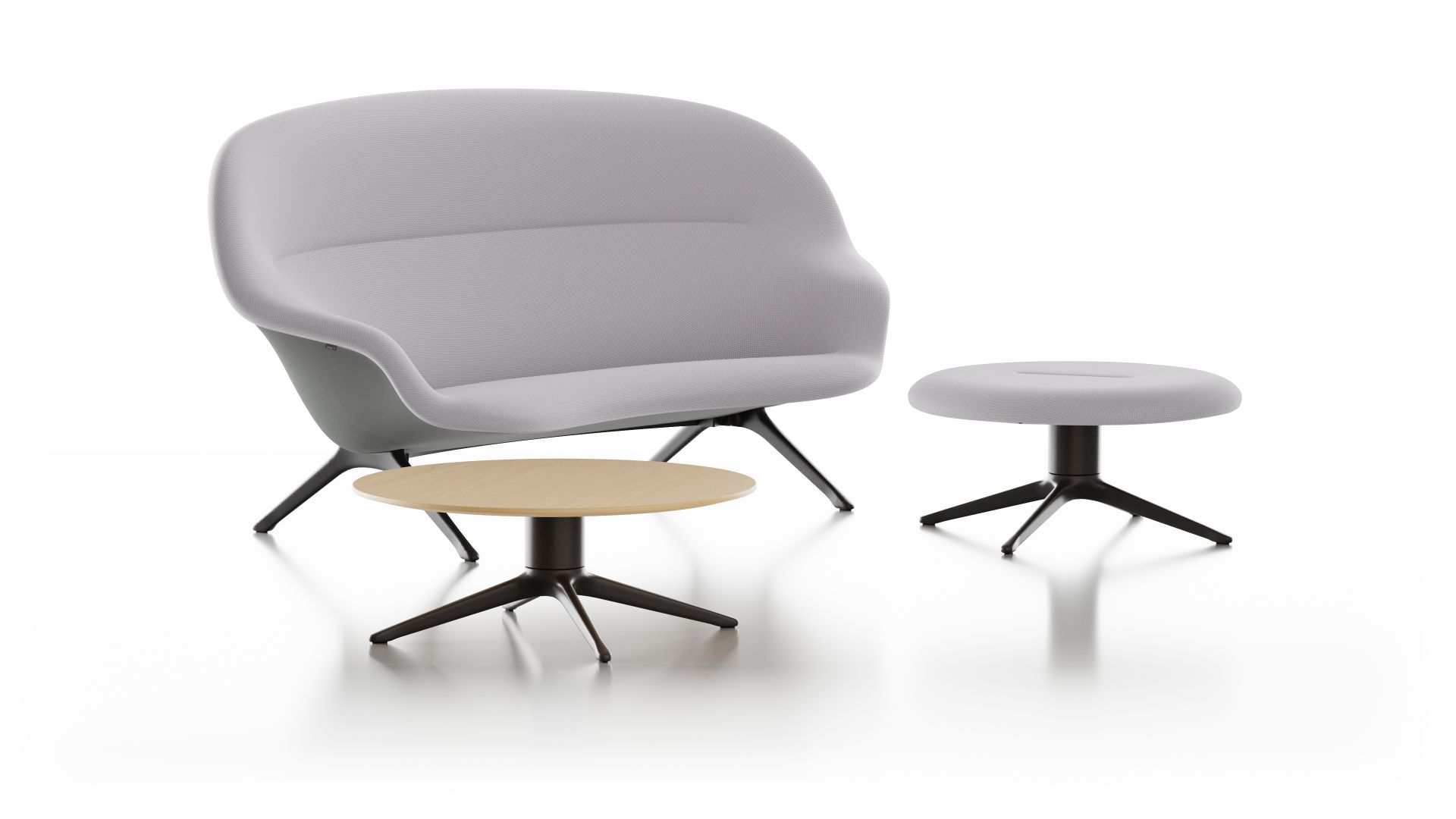 Abalon Table Couchtisch von Vitra mit Sessel und Hocker in Grau und Holz.