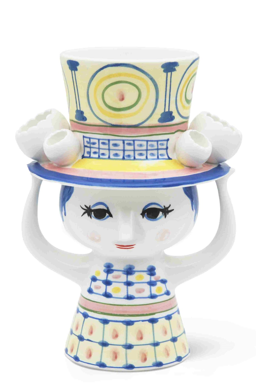 Frauenkopf-Vase mit Hut von Bjorn Wiinblad, dekorative Keramikvase mit bunten Mustern.