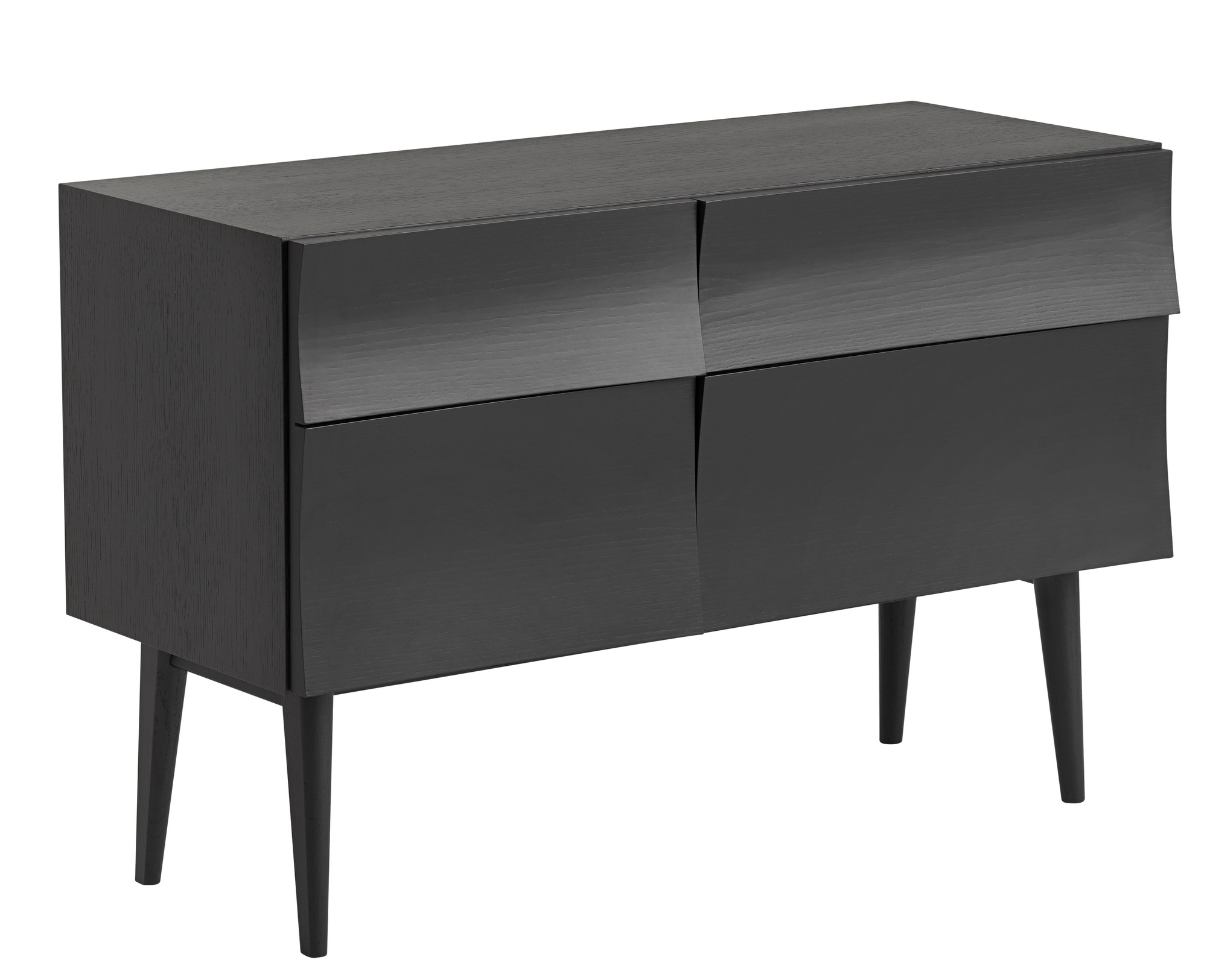 Schwarzes Muuto Reflect Sideboard Small aus Holz mit vier Schubladen und schlanken Füßen.