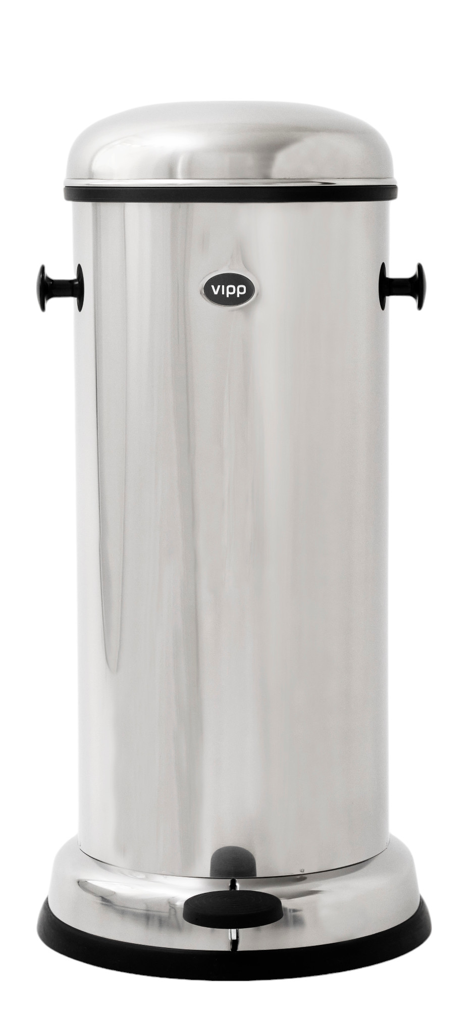 Vipp Treteimer 18L aus Edelstahl, runder Mülleimer mit Fußpedal und schwarzen Details.