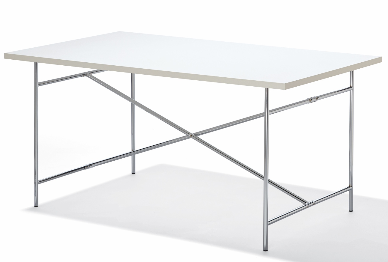 Eiermann Tisch mit weißer Tischplatte und verchromtem Stahlgestell, moderner Esstisch für Indoor.