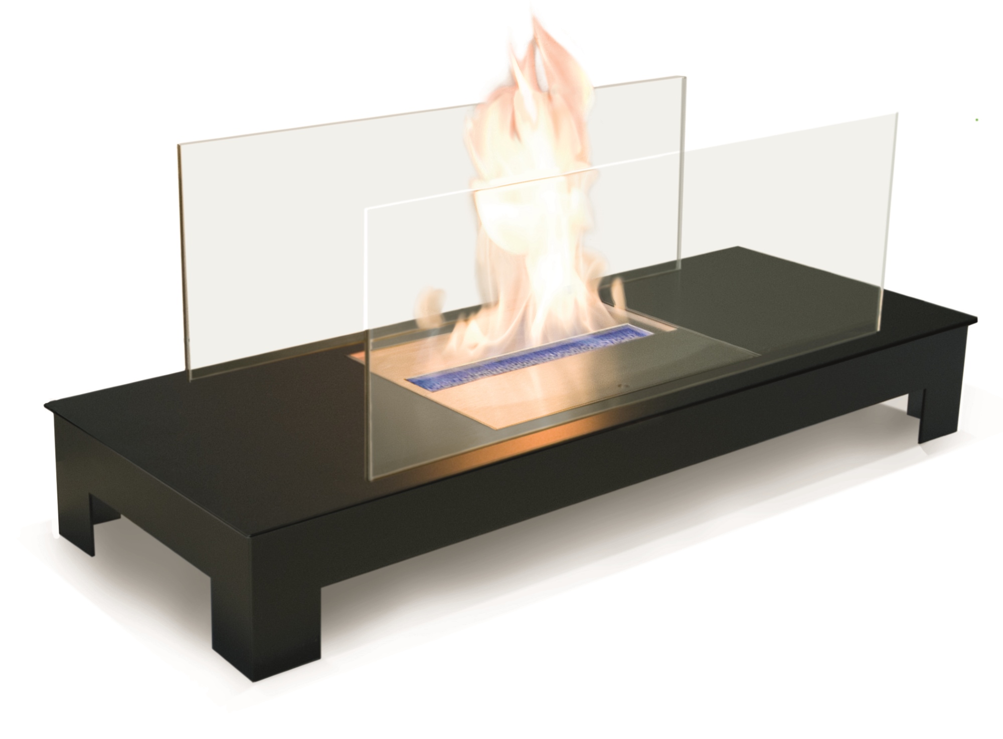 Floor Flame Ethanol Kamin: Schwarzer Tischkamin mit Flamme und Glasscheiben für den Innenbereich.