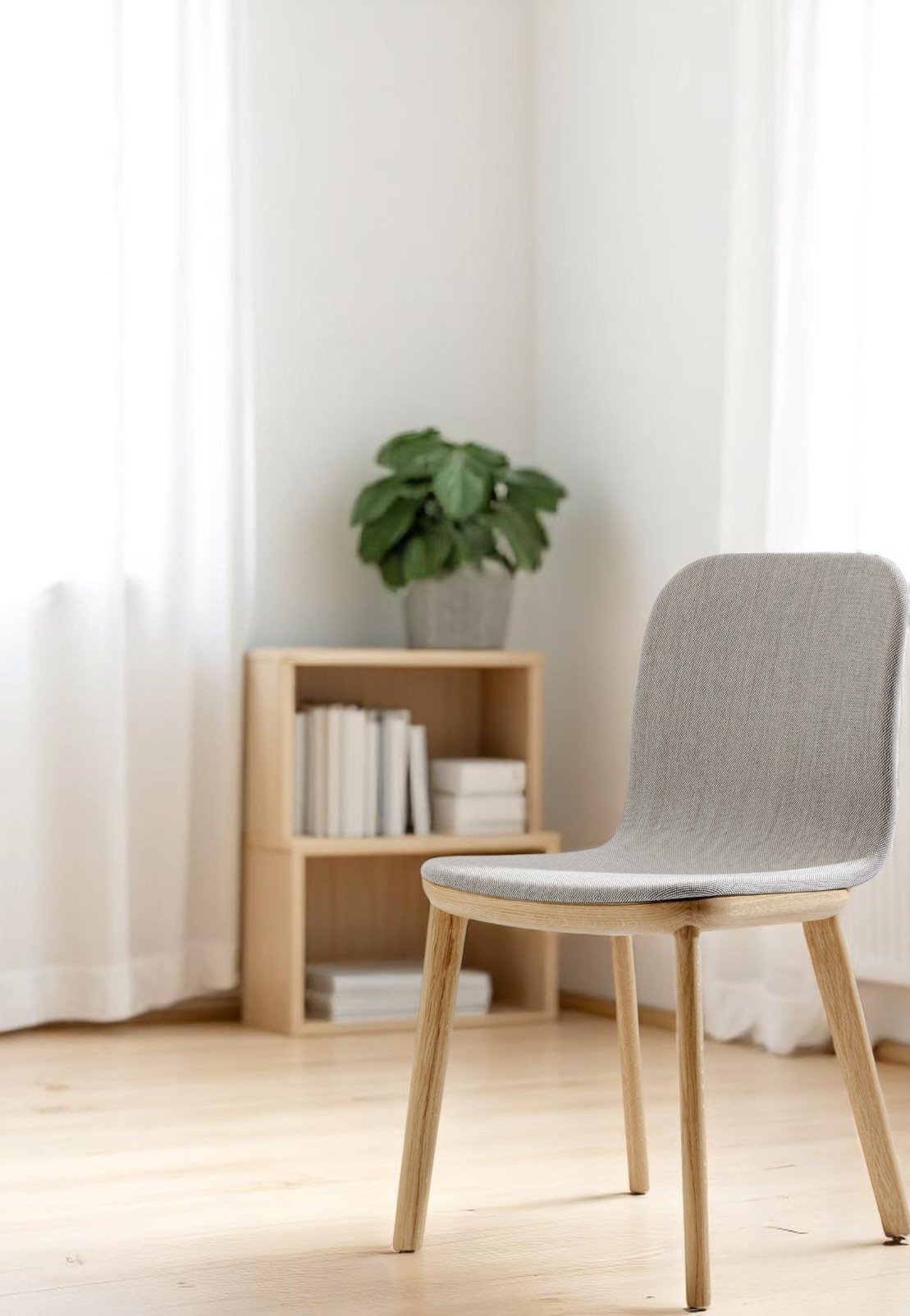 Aeon Chair Stuhl Vollgepolstert Zeitraum, moderner Polsterstuhl mit hellem Holzgestell und grauem Stoffbezug im minimalistischen Interieur.