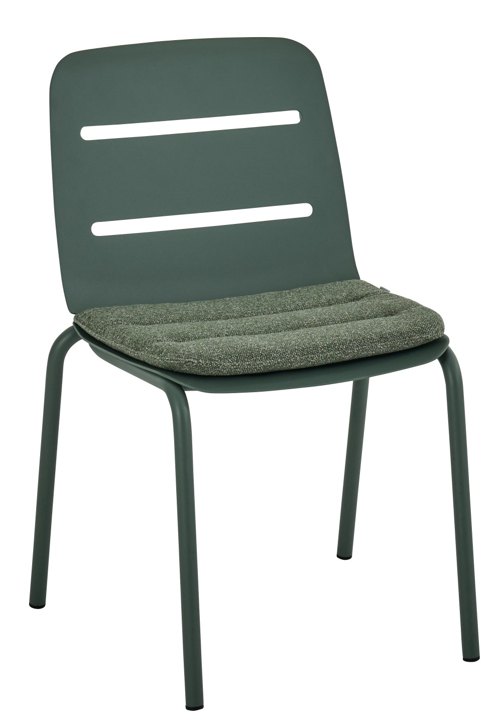 Vapio Stuhl Outdoor von Weishäupl, grüner Gartenstuhl mit Sitzkissen und schlichtem Design.