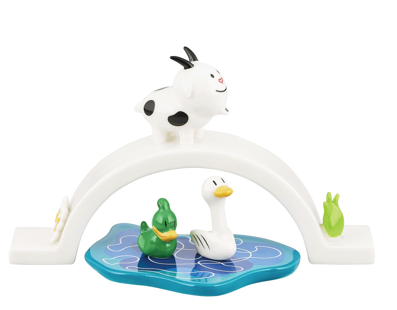 Alessi Happy Eternity Baby Porzellanfigur: Ziege auf Brücke über See mit Enten.