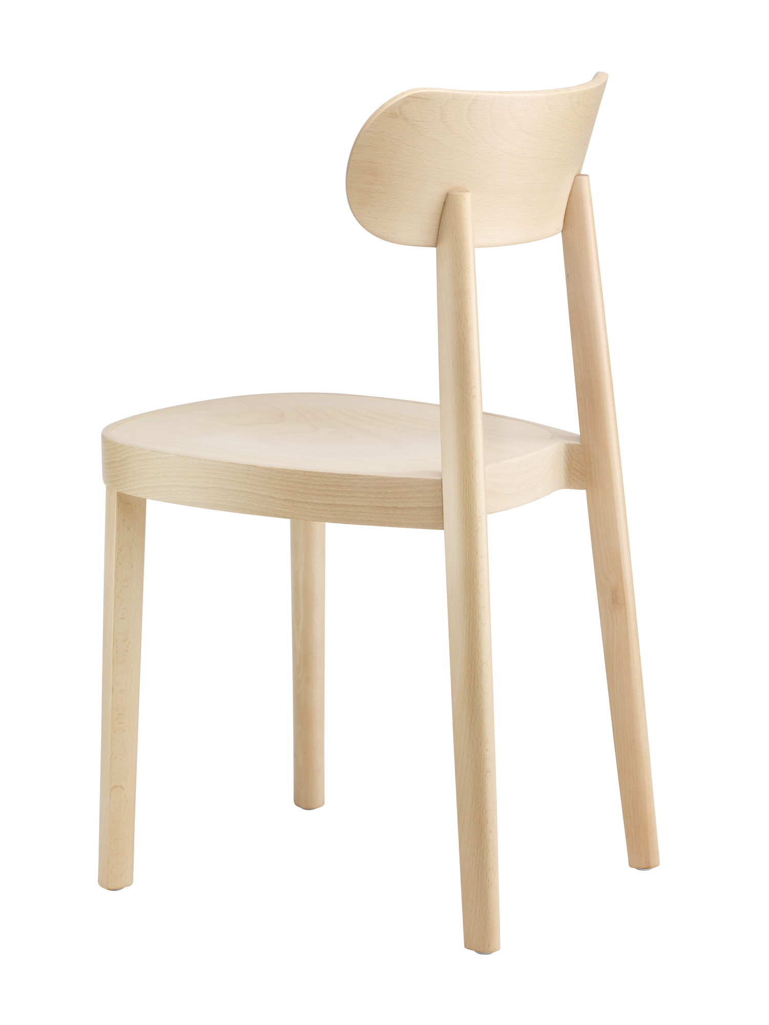 Rückansicht des hellen Holzstuhl 118 M von Thonet, ein minimalistischer Esszimmerstuhl aus Buche.