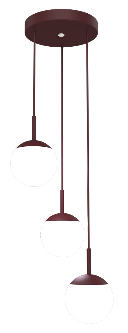 Mooon Triple Pendelleuchte von Fermob in Pflaume: Moderne Hängeleuchte mit drei leuchtenden Kugeln.