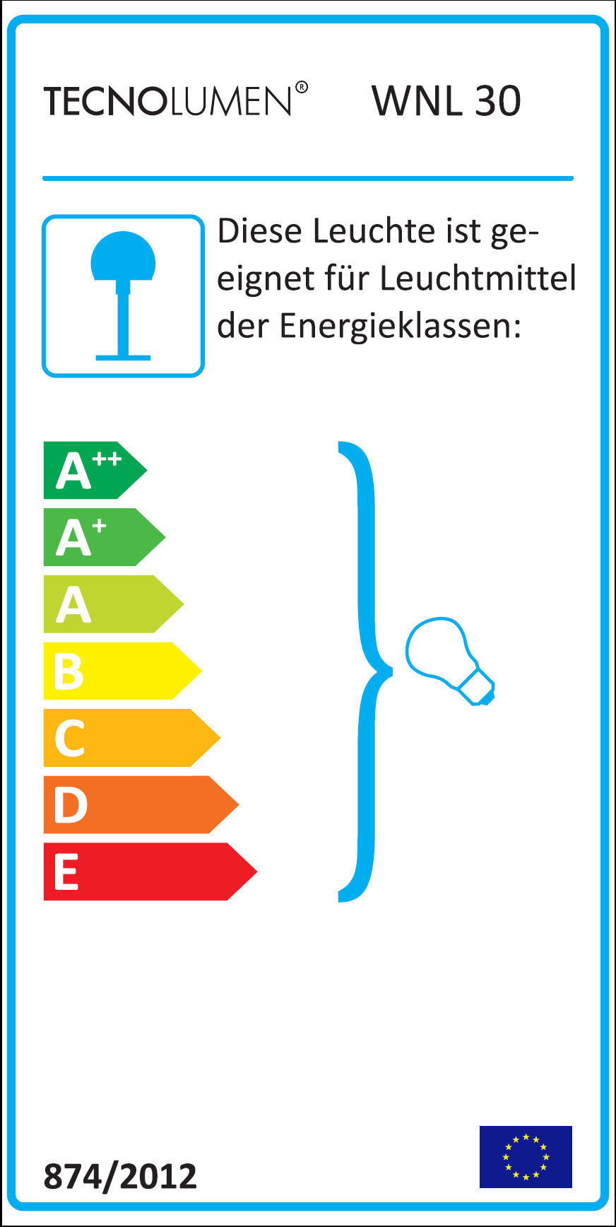 Wagenfeld WNL 30 Tecnolumen Leuchte: Energieeffizienzklassen von A++ bis E auf weißem Hintergrund.