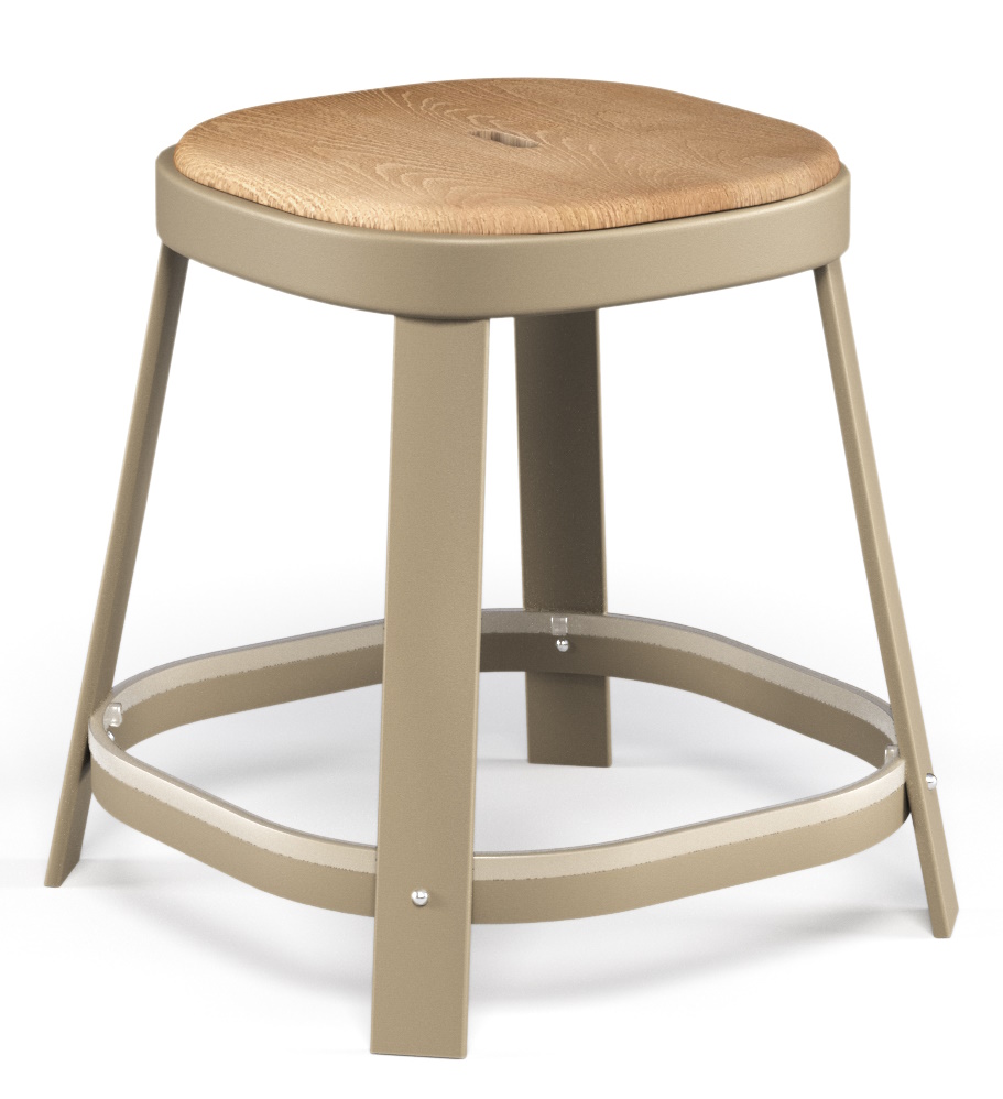 Thor Dining Stool: Niedriger Barhocker von Emu für den Außenbereich, beige mit Holzoptik Sitzfläche.
