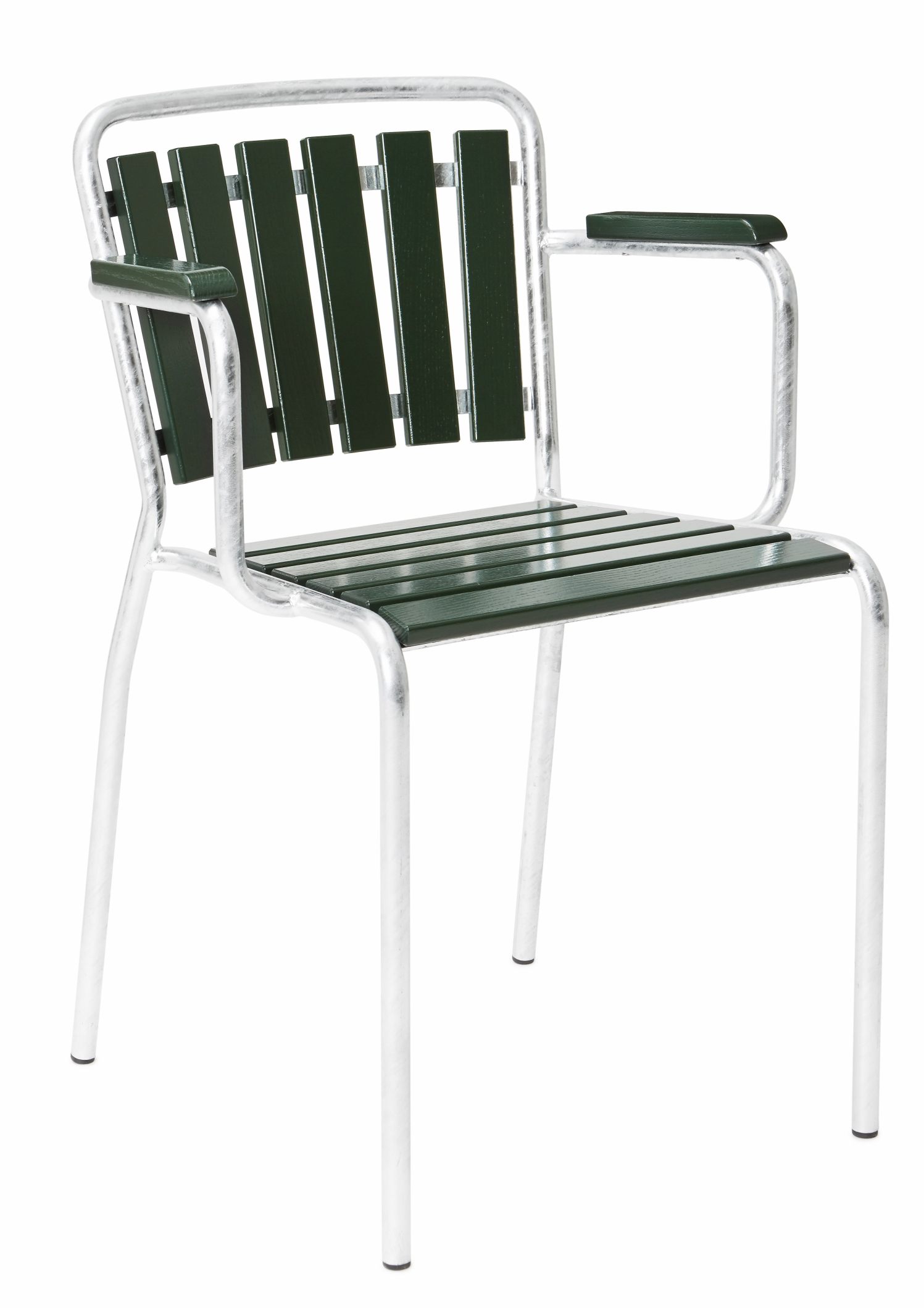 Haefeli Sessel Outdoor Embru: Grüner Gartensessel mit Armlehnen und silberfarbenem Aluminiumgestell für den Außenbereich.