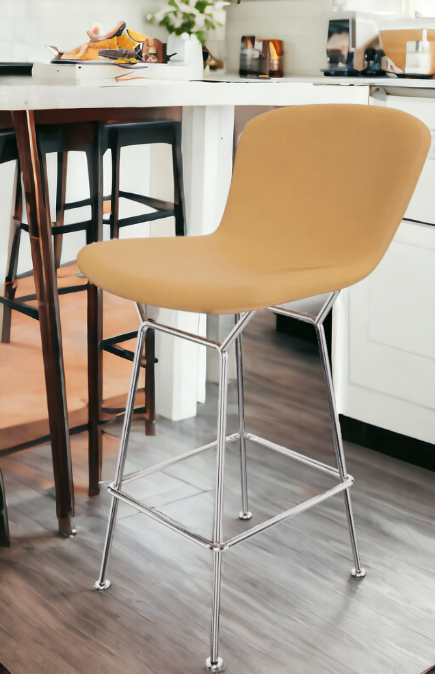 Bertoia Barhocker mit Kernlederbezug von Knoll International, moderner Design-Barstuhl mit verchromtem Stahlgestell.