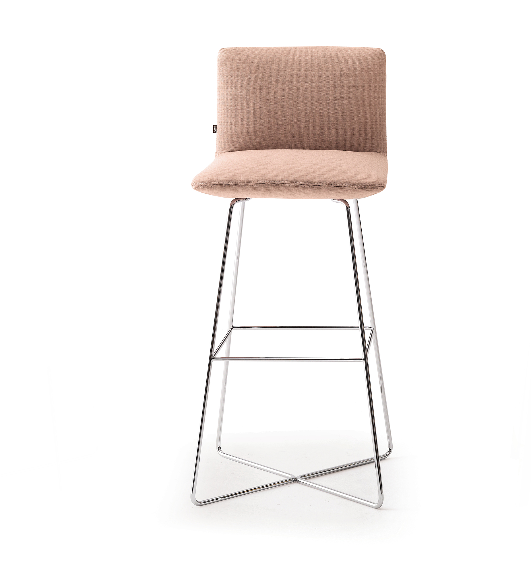 Jalis Barhocker von Cor: Moderner, hoher Hocker mit beigem Stoffbezug und verchromtem Metallgestell.