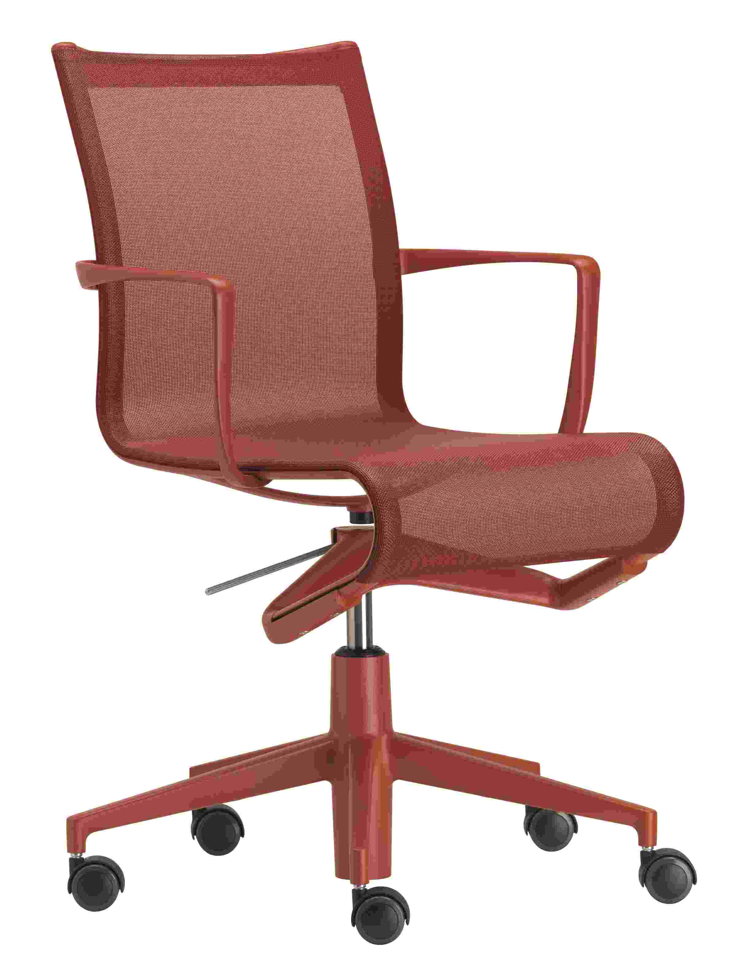 Rollingframe Bürodrehstuhl in Rot mit Armlehnen und Netzstoff, ergonomischer Bürostuhl für das moderne Büro.