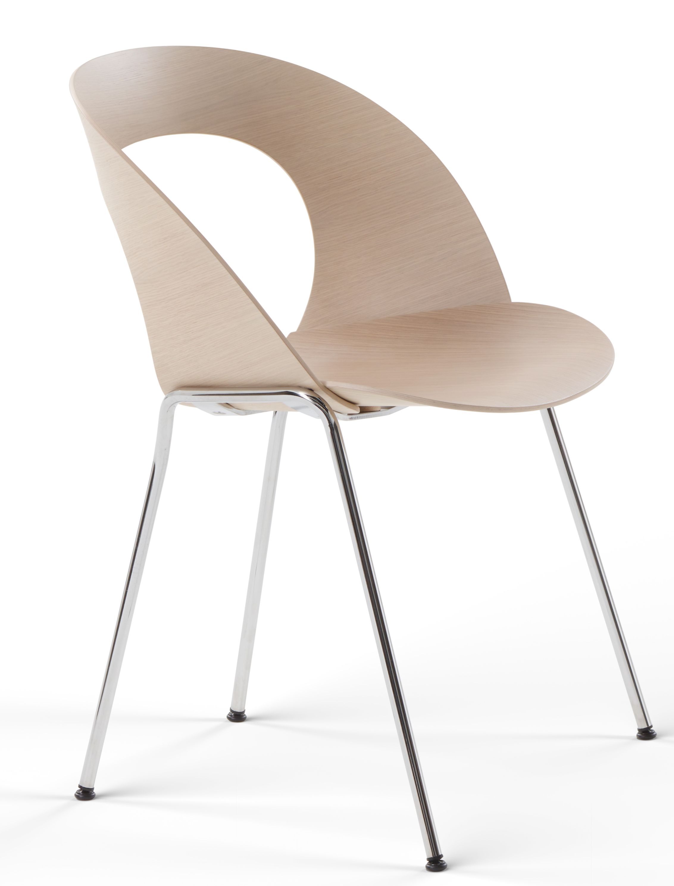 Brunner Mudra Stuhl mit hellem Holz und verchromtem Stahlgestell, modernes Design für Büro und Wohnen.