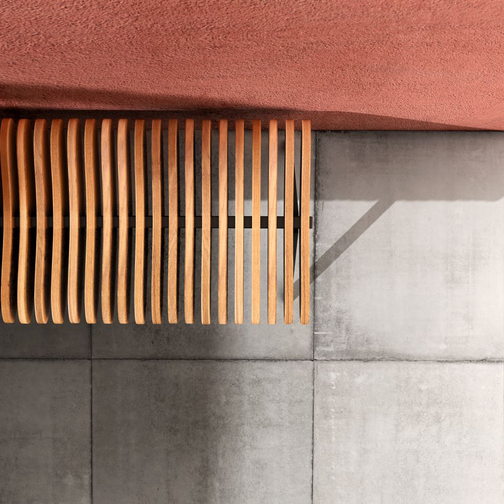 Draufsicht der Prelude Bank Per/use: Moderne Holzbank mit Lattenrost und minimalistischem Design.