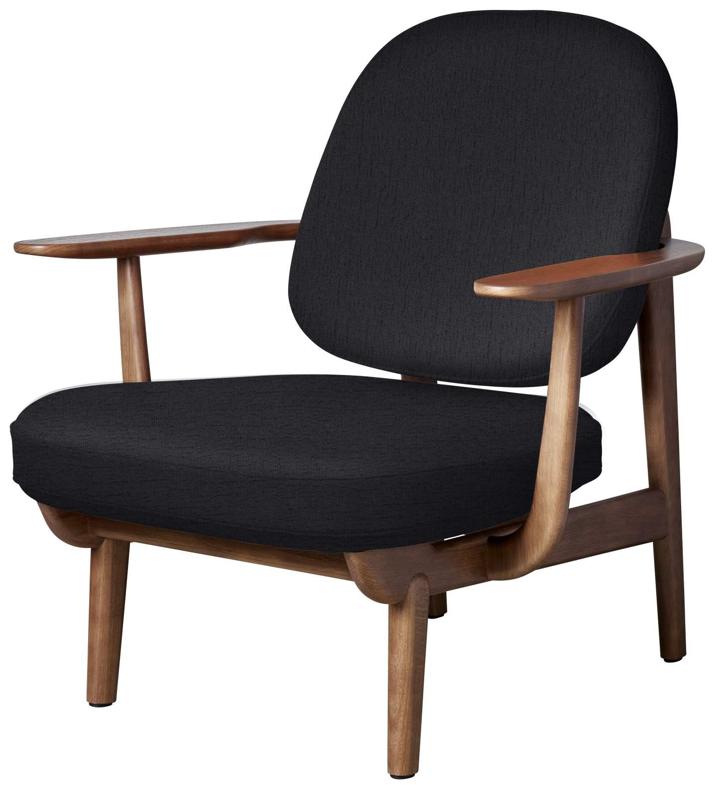 Fred Loungesessel von Fritz Hansen mit schwarzem Stoffbezug und Holzgestell, seitliche Ansicht.