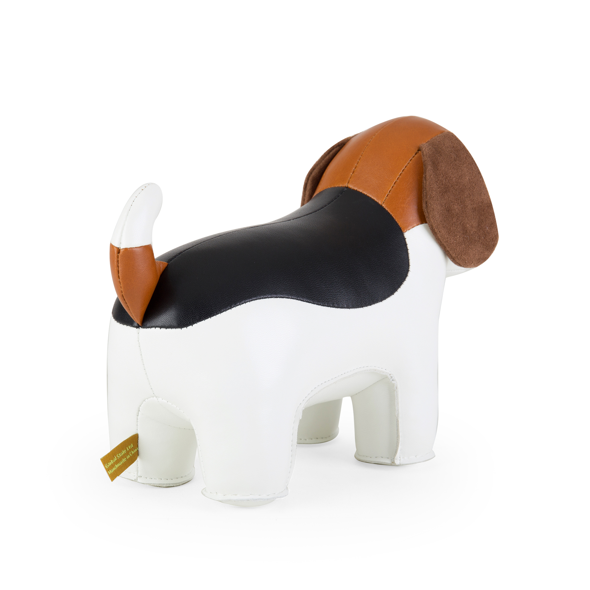 Buchstütze in Hundeform: Weißer Beagle mit braunen Ohren und schwarzem Rücken. Dekorative Buchstütze.