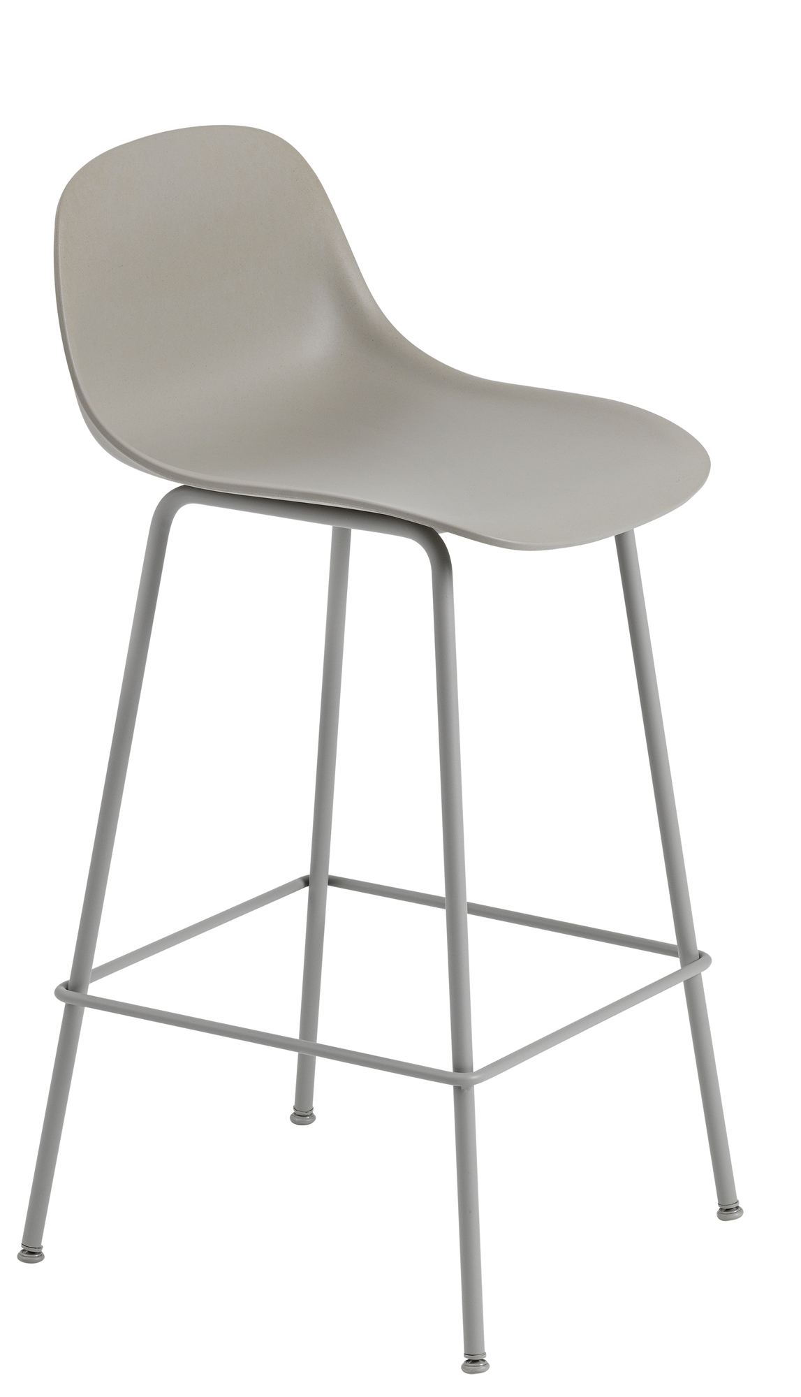 Muuto Fiber Counter Stool Barhocker mit Rückenlehne, grauer Sitzschale und Stahlgestell, H 65 cm.