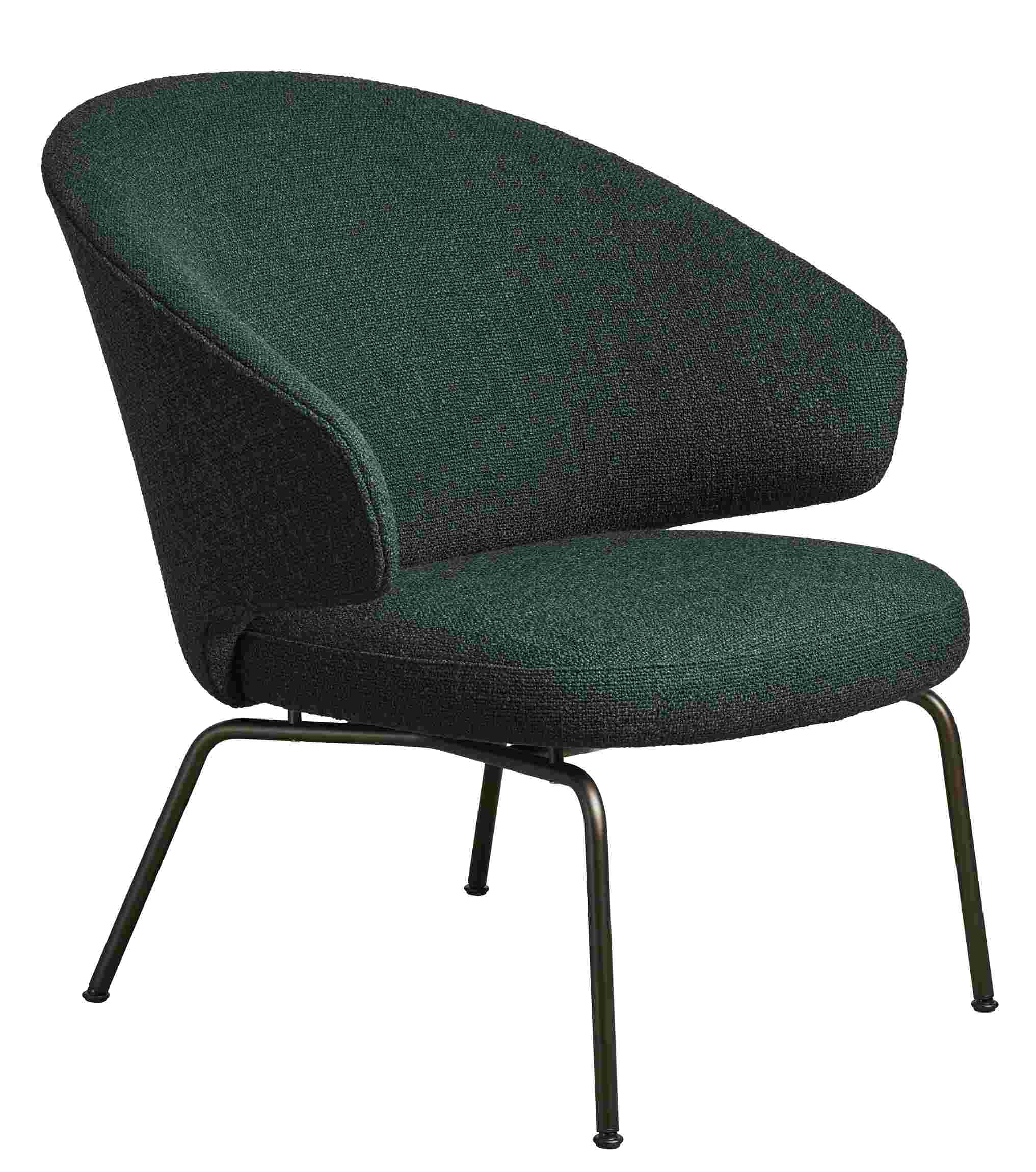Grüner Fritz Hansen Let Sessel mit Stoffbezug und filigranem Metallgestell. Design Sessel für Wohnzimmer.