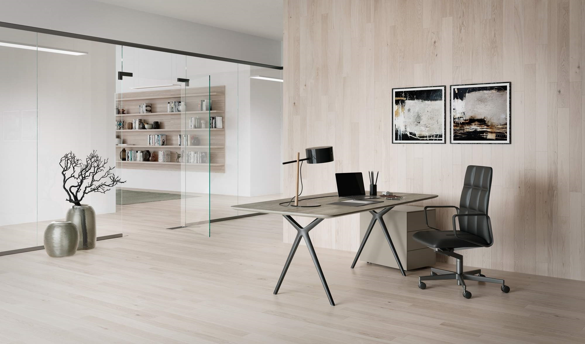 Moderner Büroraum mit Walter Knoll Leadchair Executive Drehstuhl in schwarzem Leder und stilvollem Schreibtisch.