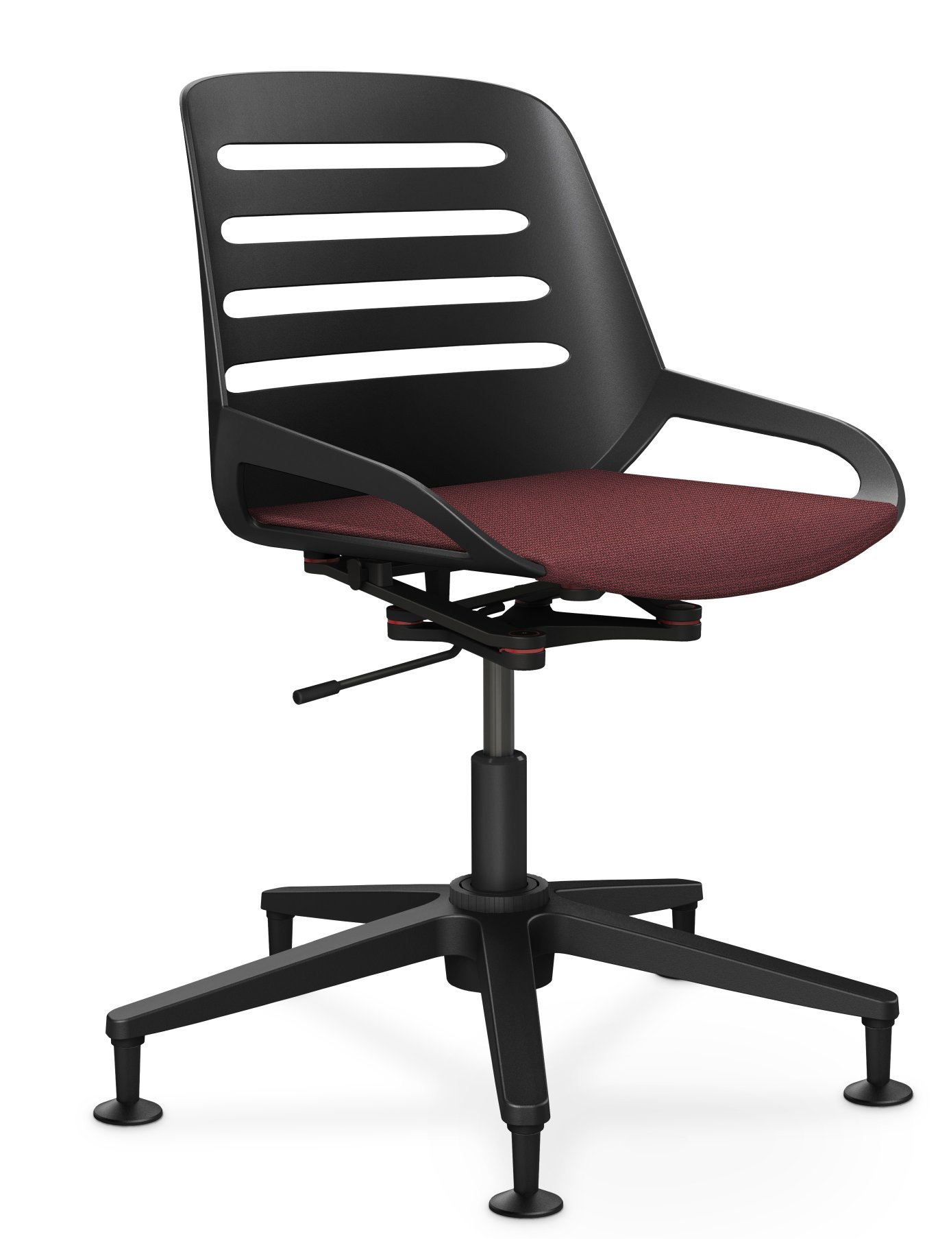 Numo Task Bürodrehstuhl von Aeris, schwarzes Gestell, rote Sitzfläche, ergonomisch und modern für das Büro.