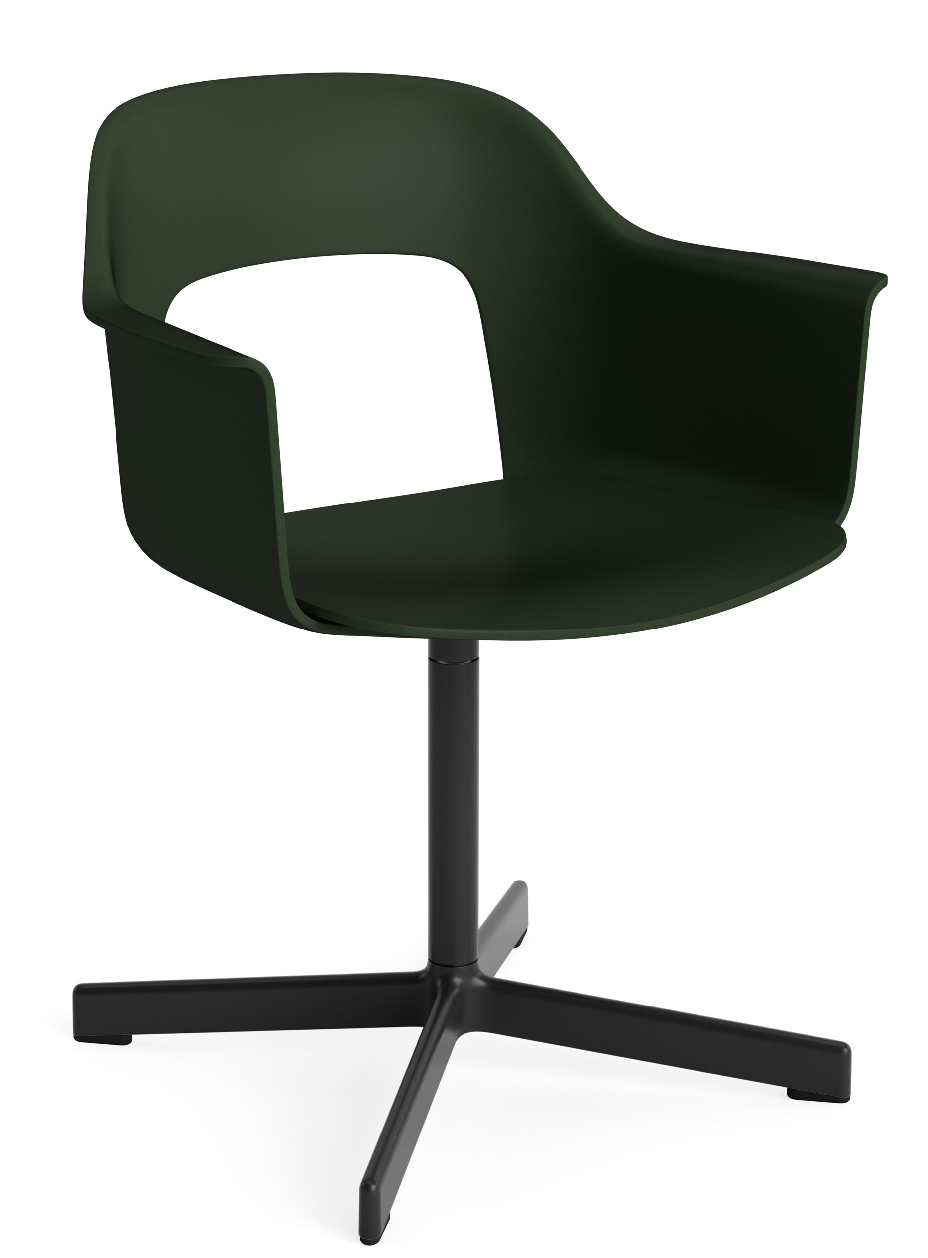 Layout Armchair von Hay, grüner Bürostuhl mit Armlehnen und schwarzem Drehfuß für moderne Arbeitsplätze.
