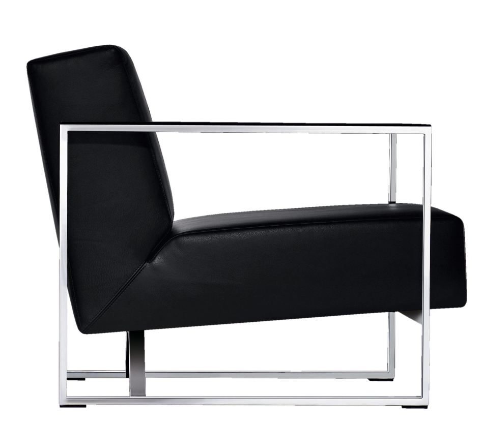 Walter Knoll 610 Sen Sessel, schwarzes Leder, verchromtes Gestell, Seitenansicht, moderner Design-Sessel für Wohnzimmer.