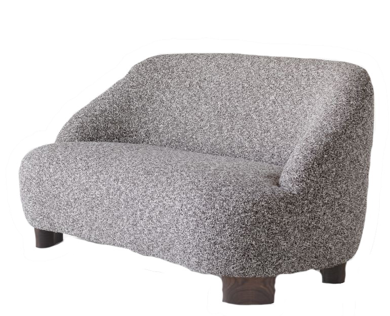 Graues Margas LC3 Sofa von AndTradition, ein modernes 2-Sitzer Sofa mit dunklen Holzfüßen.