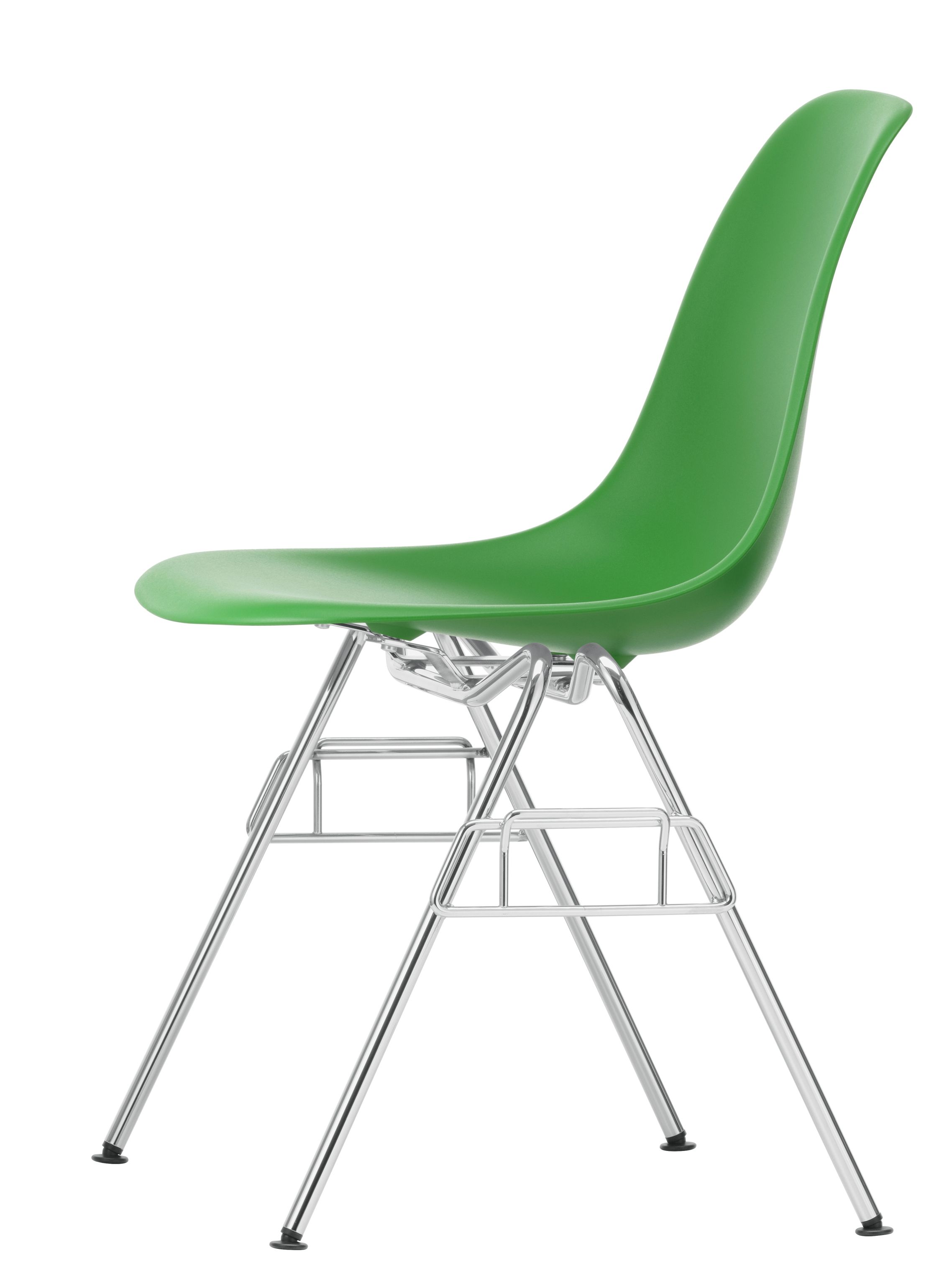 Eames Plastic Side Chair DSS Stuhl Vitra, grüne Sitzschale mit verchromtem Stahlgestell, Seitenansicht.