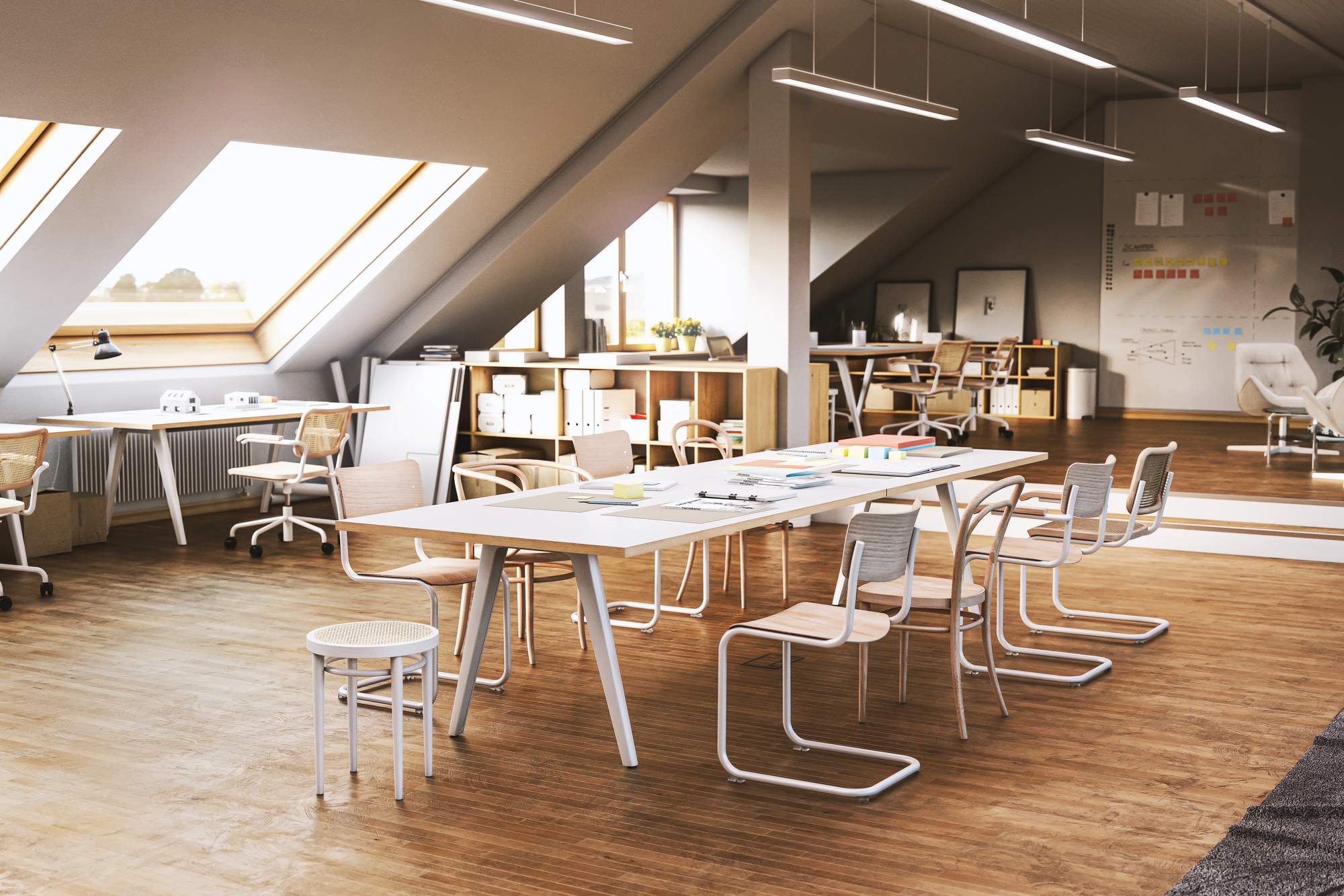 Büro mit Thonet S 43 Freischwinger Stühlen aus Stahlrohr und Holz, Klassiker Designmöbel.