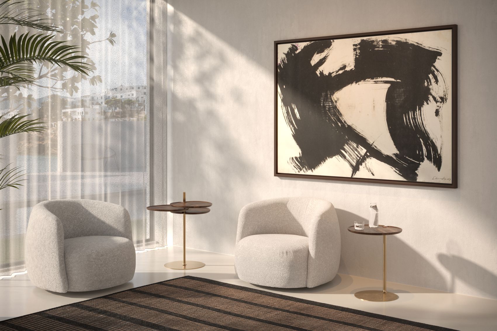 Helles Wohnzimmer mit zwei Sesseln und zwei Leaf Beistelltischen von PER/USE mit Kunstwerk an der Wand.