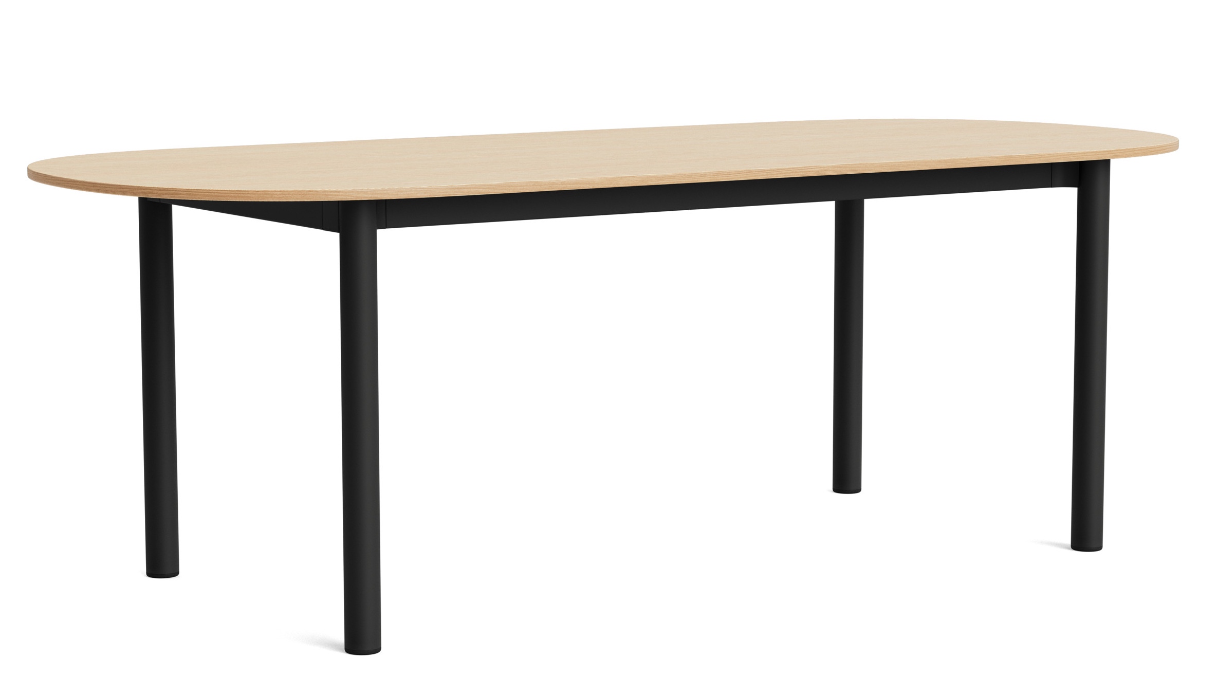 Annex Table von Hay: Ovaler Esstisch mit heller Tischplatte und schwarzen Beinen, modernes Design.