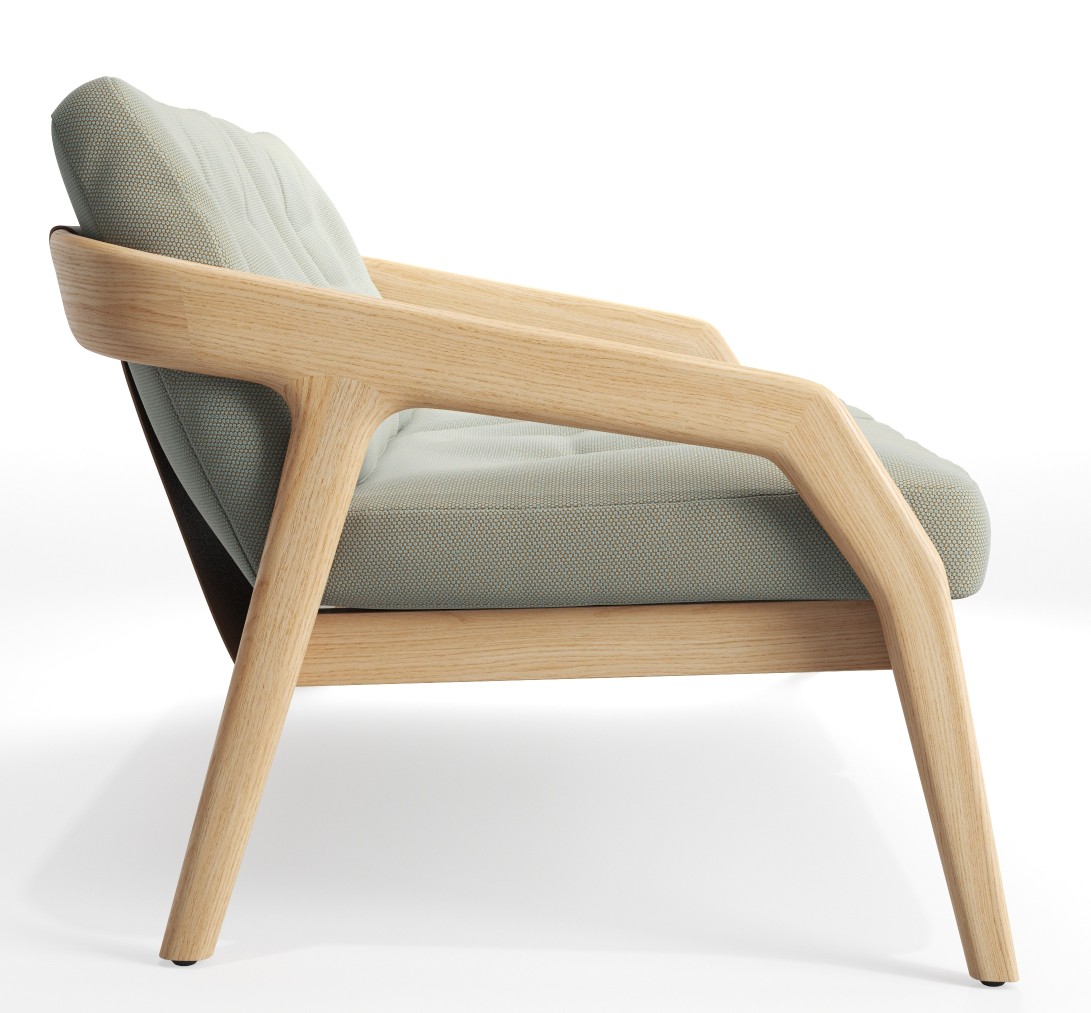 Friday 2 Sofa von Zeitraum, ein moderner 2-Sitzer mit hellem Holzrahmen und hellgrauem Stoffbezug, Seitenansicht.