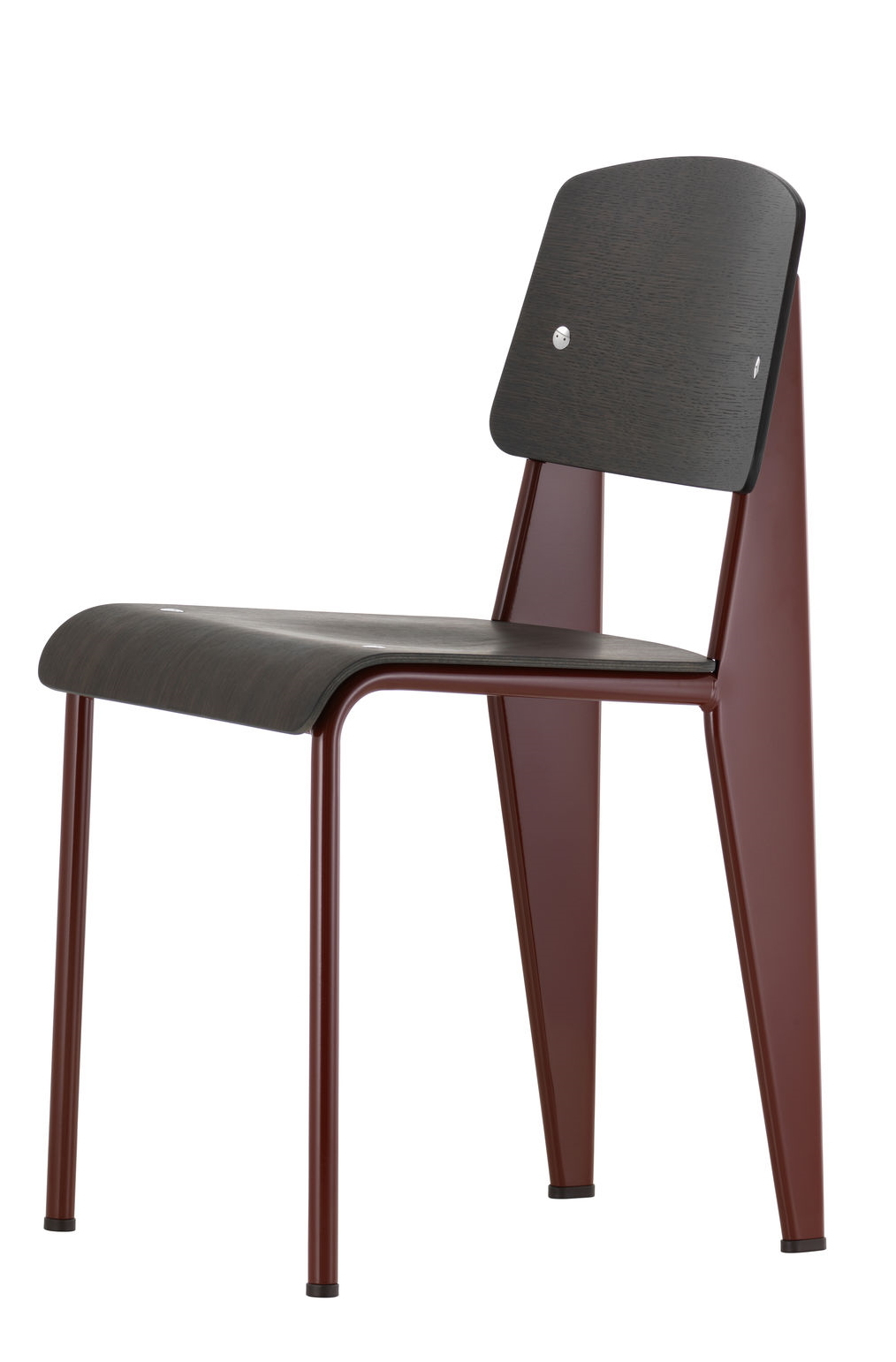Vitra Standard Stuhl mit dunkler Holzschale und rotbraunem Stahlgestell, minimalistisches Design für Esszimmer und Büro.