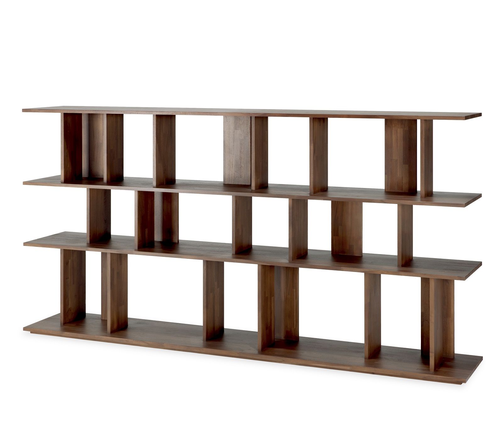 Braunes Ethnicraft Teak Regal "Irregular" mit drei Ebenen und asymmetrischem Design.