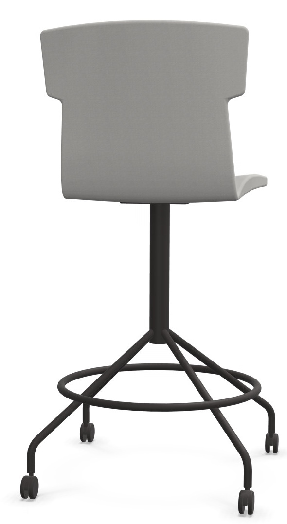 Grauer Co-Chair Bürodrehstuhl von Cascando mit schwarzem Fußkreuz und Rollen, Rückenansicht. Ergonomischer Arbeitsstuhl für Büro und Homeoffice.
